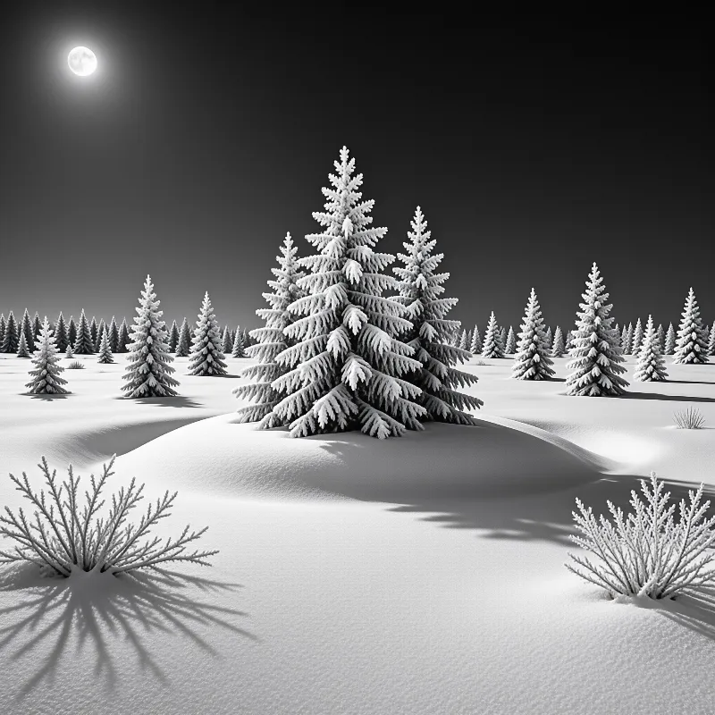 Frost-covered conifers on a snowy field with a luminous full moon casting long shadows in the night sky.