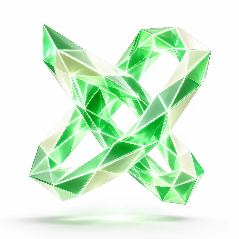A faceted emerald green geometric structure shaped like an X floats above a bright white background.