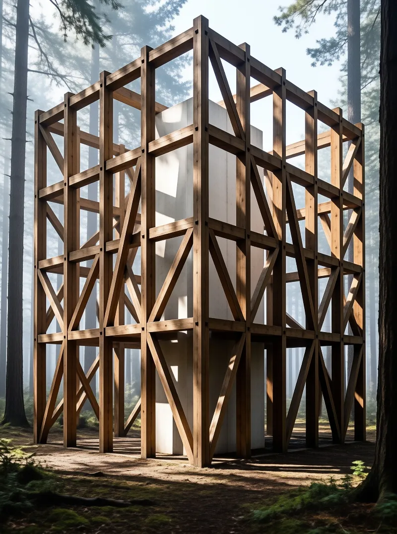 A bare wooden support framework stands in a foggy pine forest, with sunlight casting sharp shadow patterns across its planks.