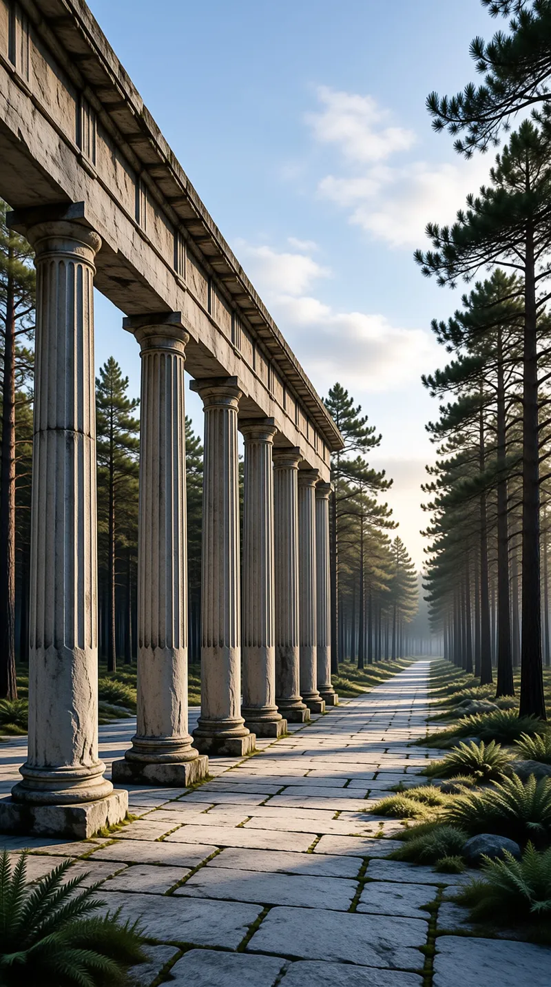 Sunlight illuminates a series of ancient columns standing beside a stone path in a dense pine forest.