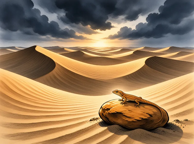 A lizard rests on a rock amidst rolling sand dunes beneath a dramatic sky where golden sunlight breaks through clouds.
