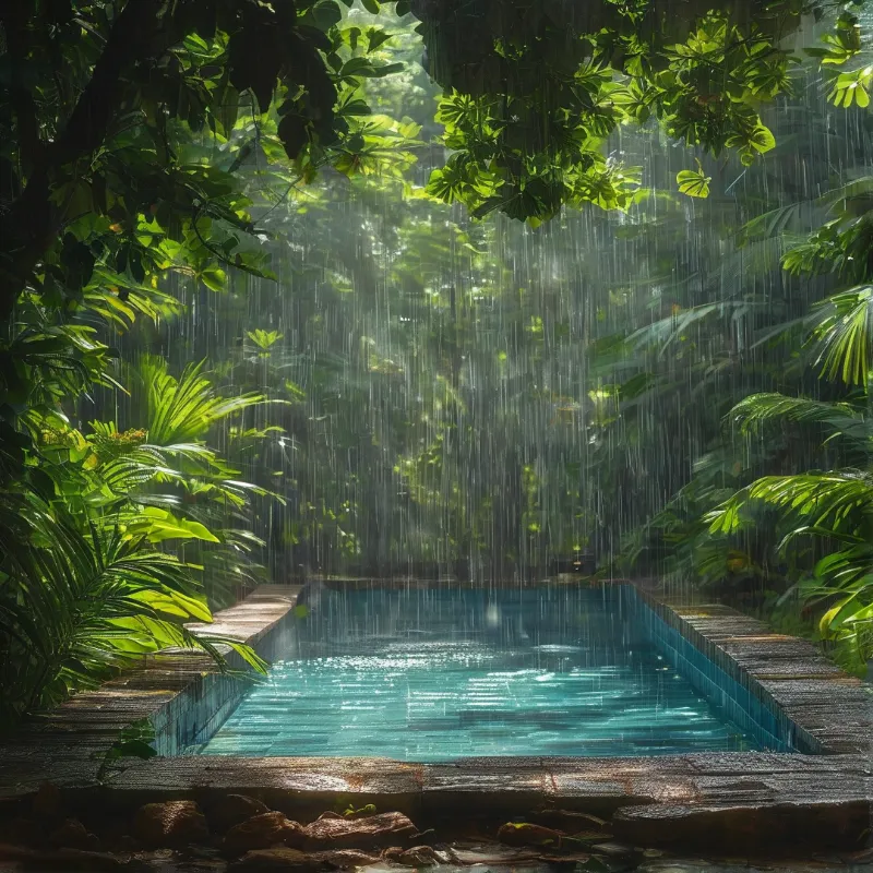 A turquoise swimming pool rests amidst dense jungle foliage while vertical rain streaks fall through the sunlight.