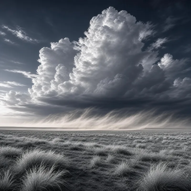 A large, dramatic cumulus cloud dominates the sky above a vast desert grassland with streaks of precipitation filtering through stormy clouds.