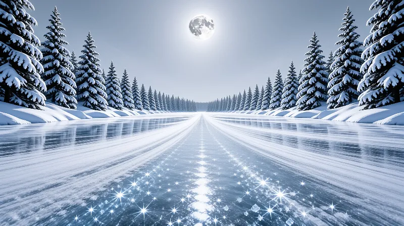 Snowy Forest Road With Moon