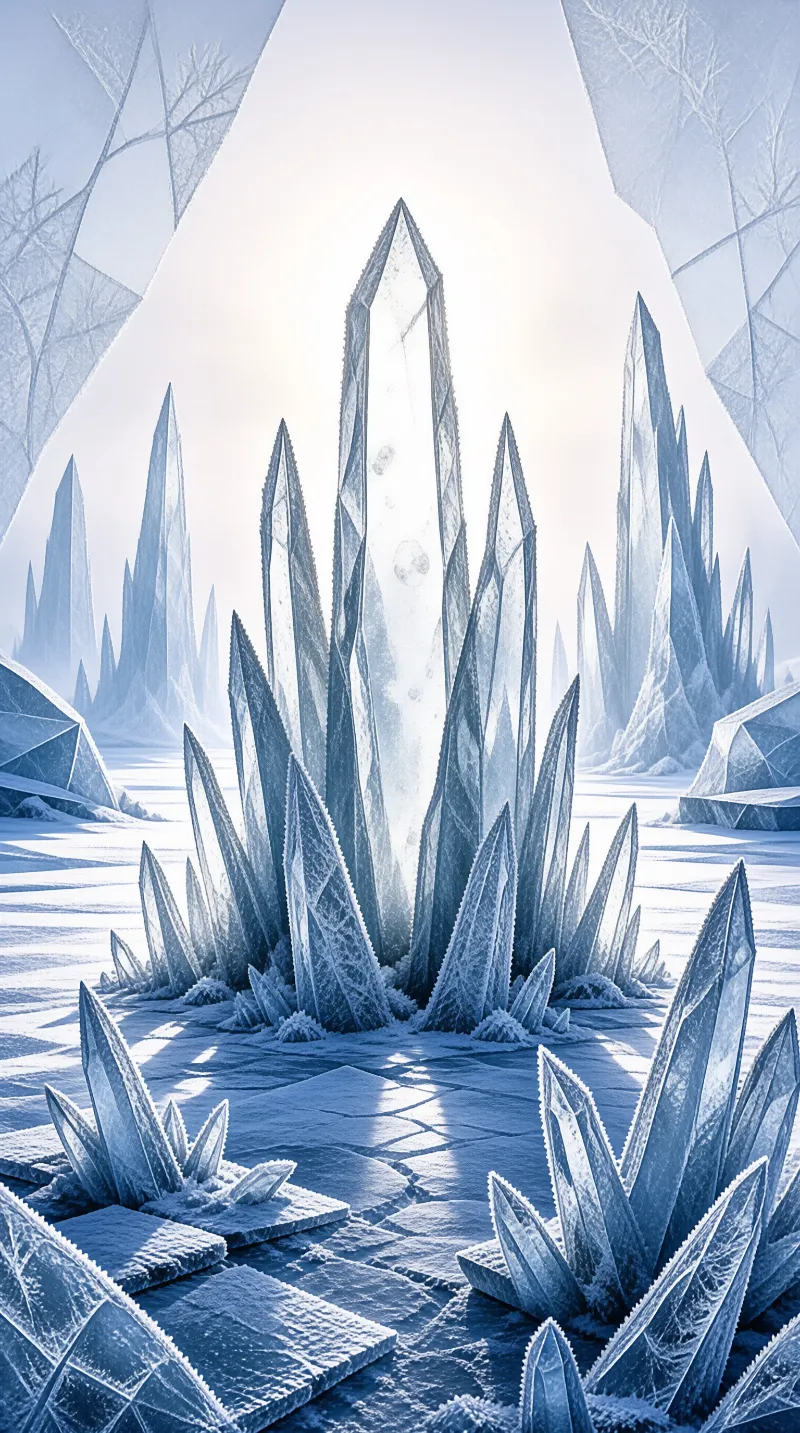 Jagged translucent ice spikes emerge from a flat snowy surface under intense white light.