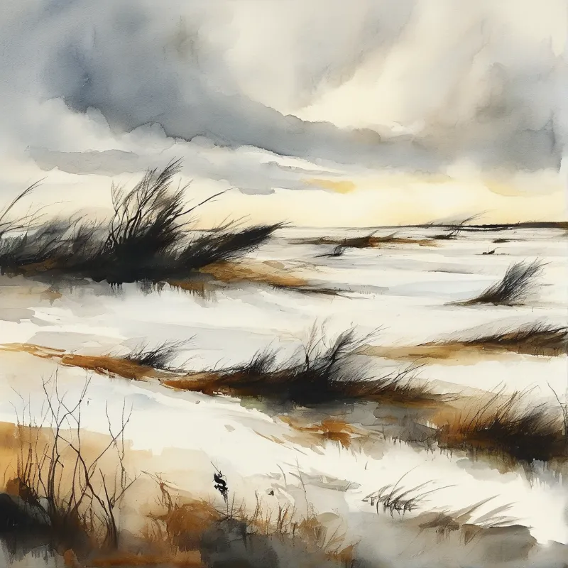 Watercolor painting of wind bent grasses on a frozen marshland beneath heavy grey clouds and faint distant warm light.