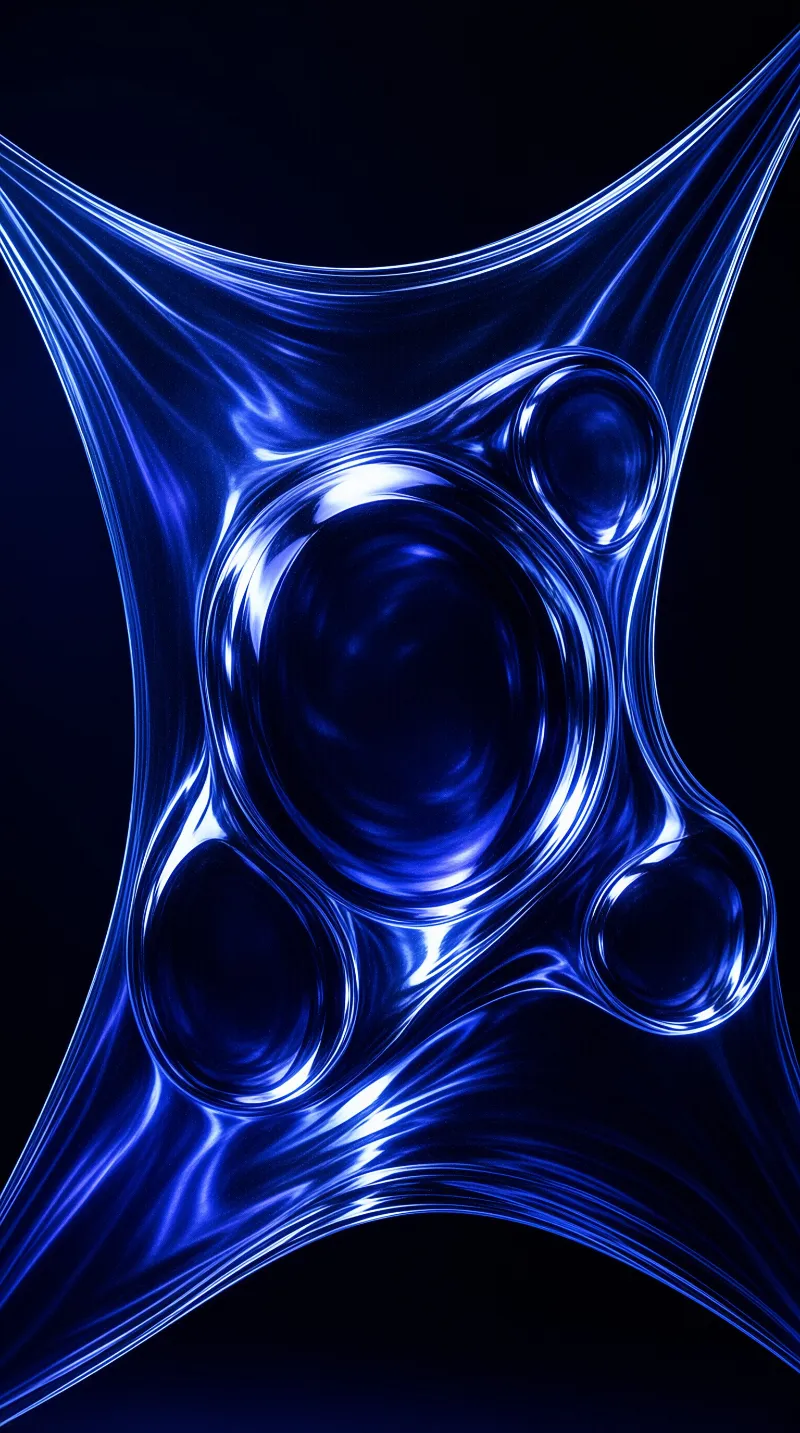A glossy translucent blue structure floats against a pitch black background with sharp white highlights curving along its edges.