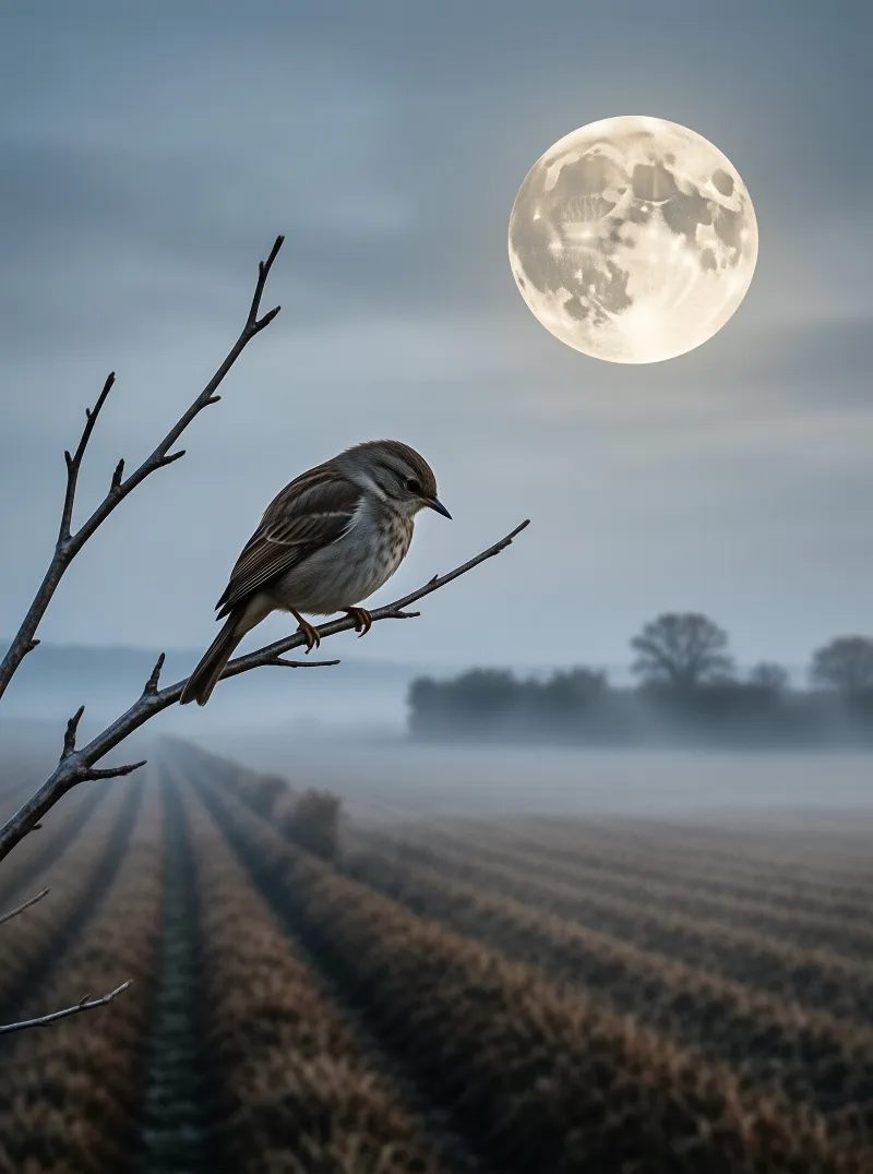 A small bird perches on a branch as a bright full moon rises above a misty field of crops stretching toward distant trees.