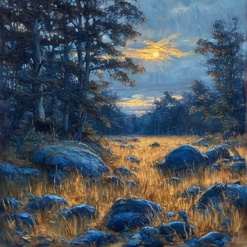 A landscape painting features golden grass and dark rocks beneath tall trees as the sun shines through distant clouds.