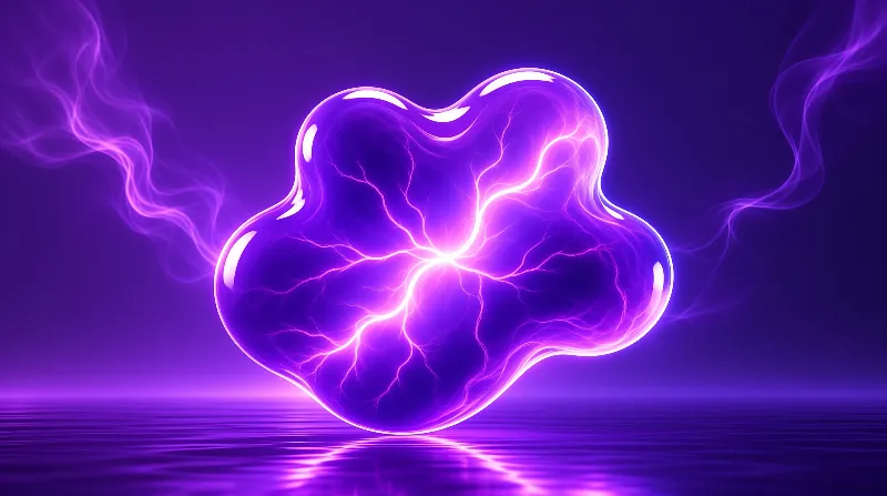 A luminous violet plasma form crackles with electric filaments above a dark reflective water surface.