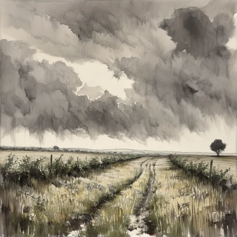 Winding muddy tracks cross flat open scrub field beneath dark heavy thunderclouds, with a lone tree on the right horizon.