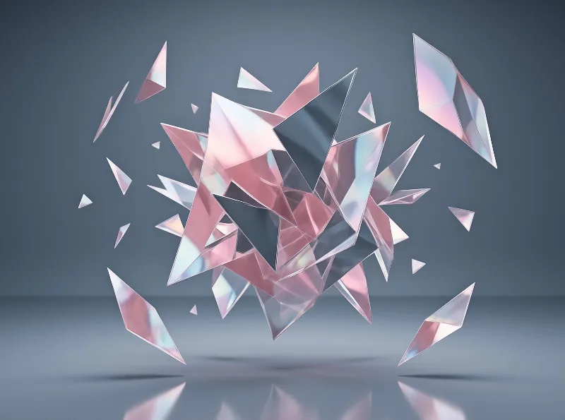 Translucent pink and blue shards hover above a reflective floor with soft lighting.