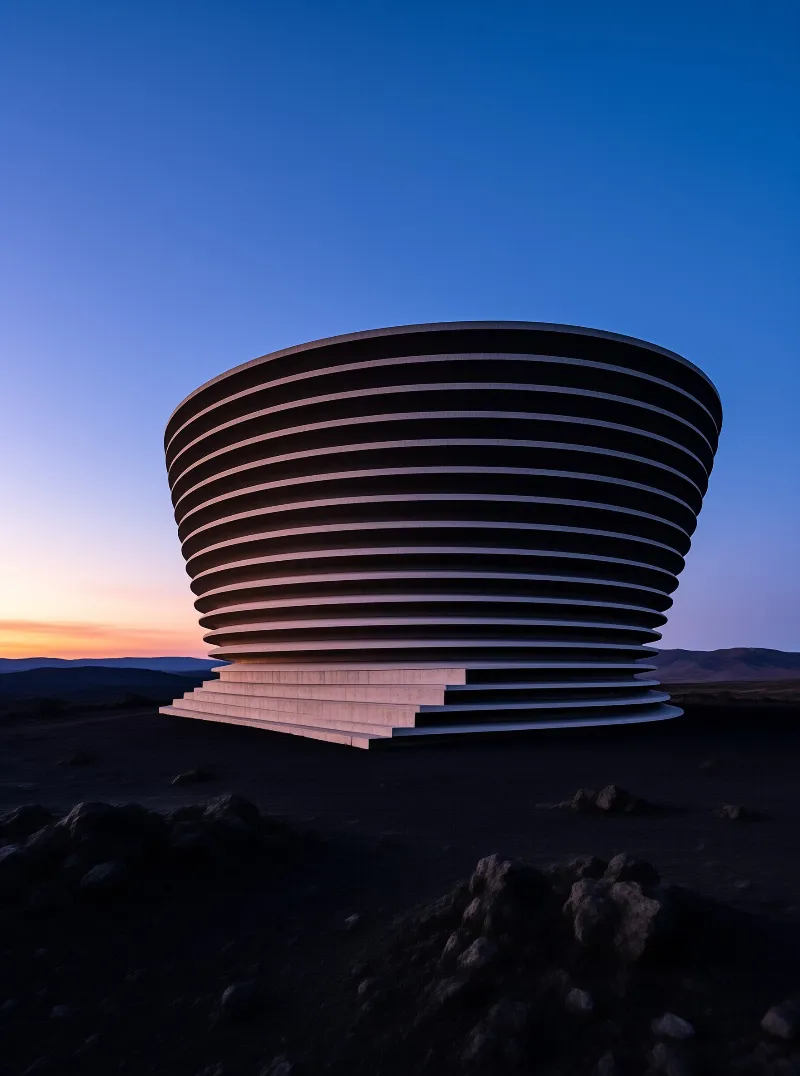 A large circular tiered building sits on dark rocky terrain under a twilight sky with orange horizon.