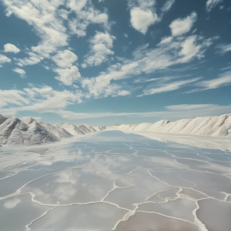 Snow covered mountains frame a frozen lake with cracked ice reflecting a blue sky and scattered white clouds.