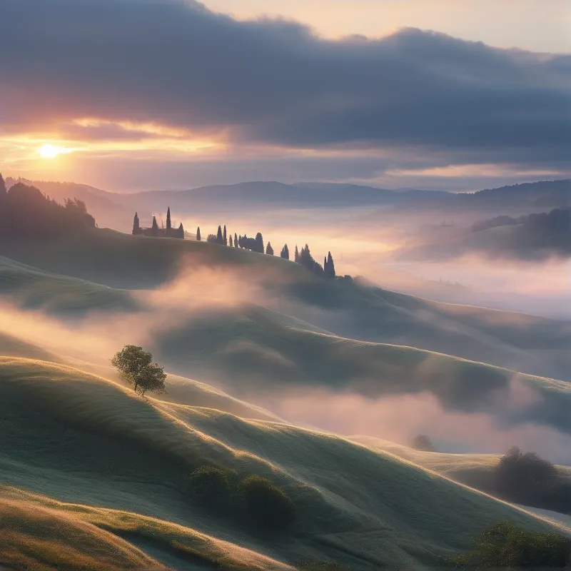 Sunrise Over Misty Hills