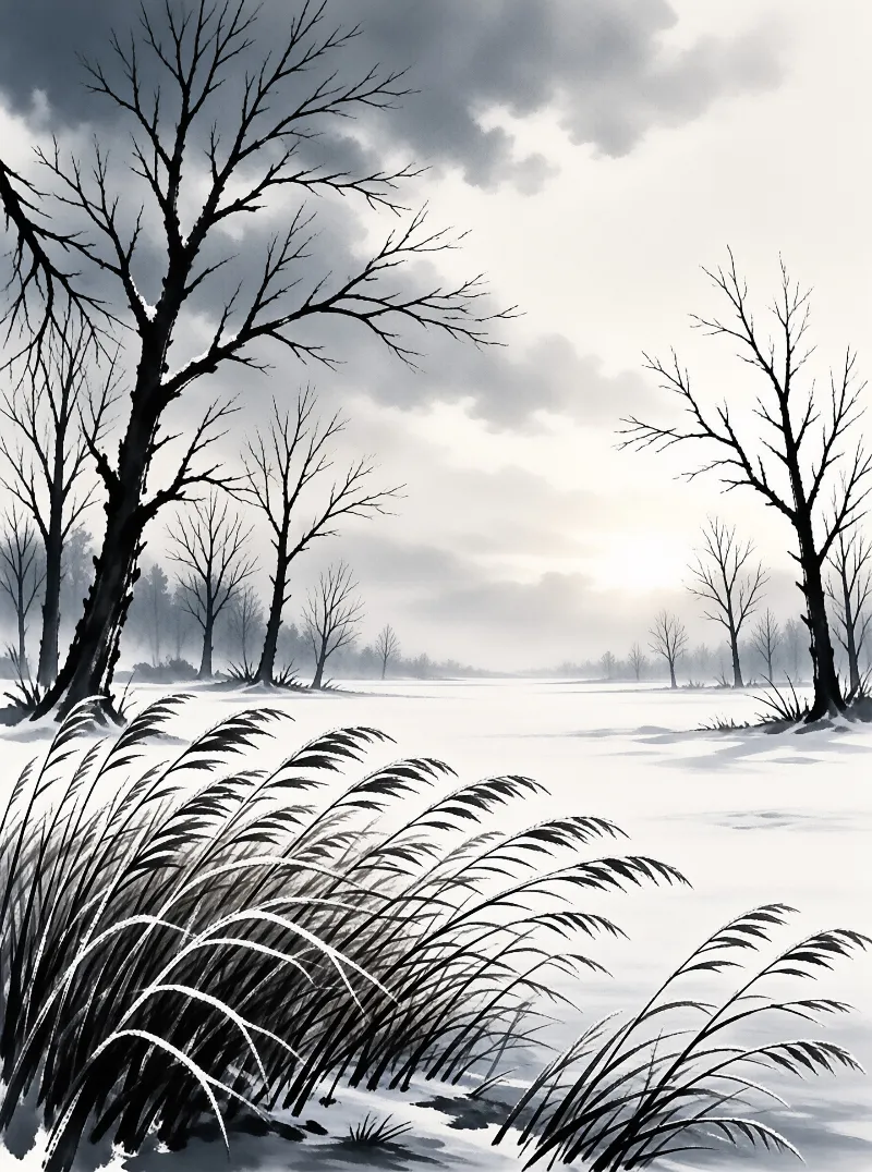 Ink style art of bare trees on a snowy bank with tall dark grasses in the foreground under a cloudy sky