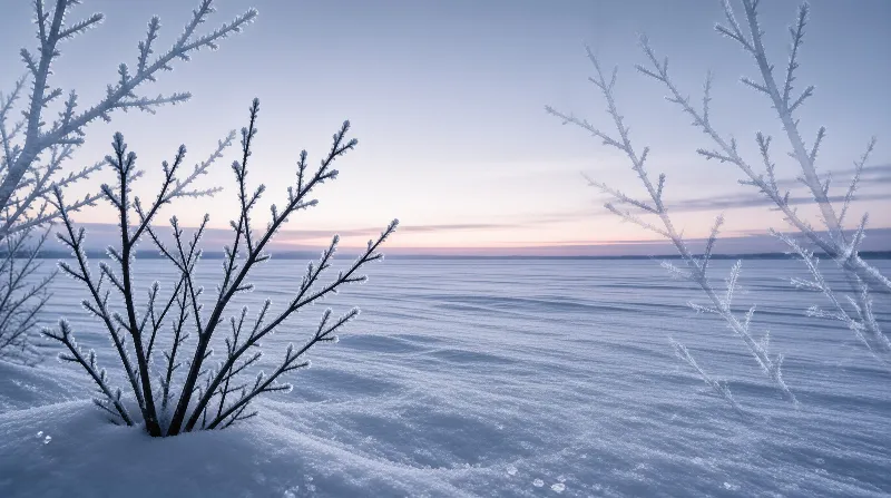 Dark branches covered in frost frame a snowy landscape under a sky with pink and blue hues near the horizon.