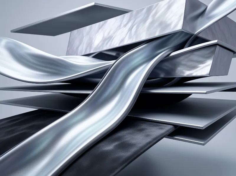 A glossy metallic ribbon curves downward between layered rectangular steel plates over dark folded fabric.