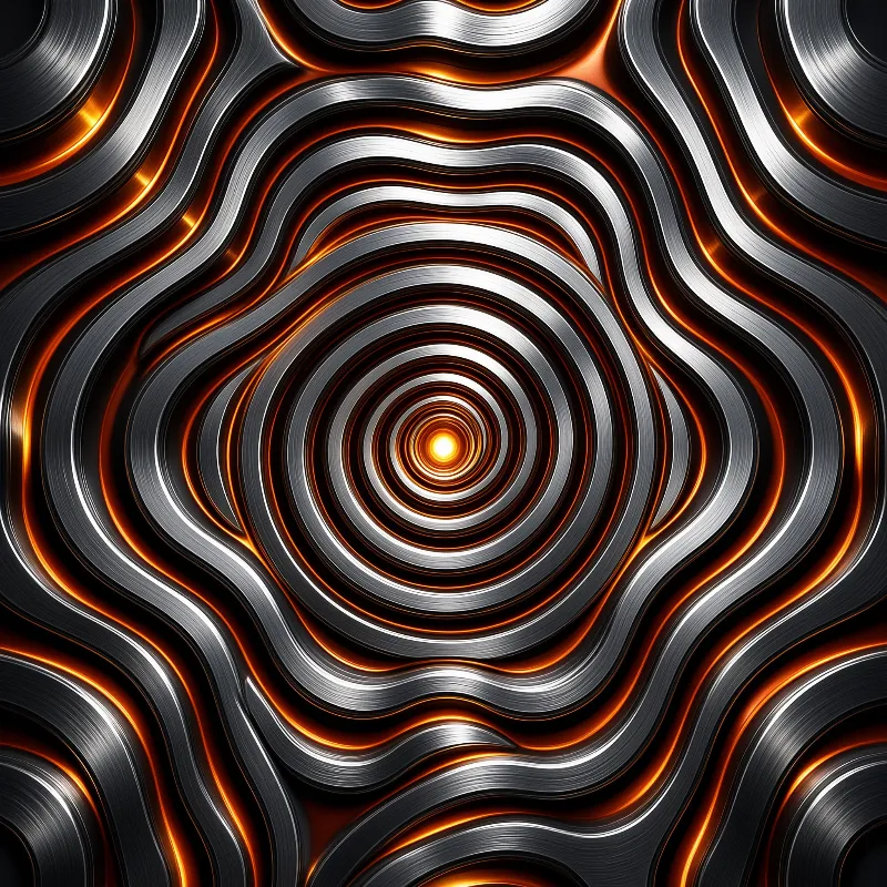 Curved brushed metal ridges spiral inward to a bright orange center, warm orange light outlining the dark gaps between bands.