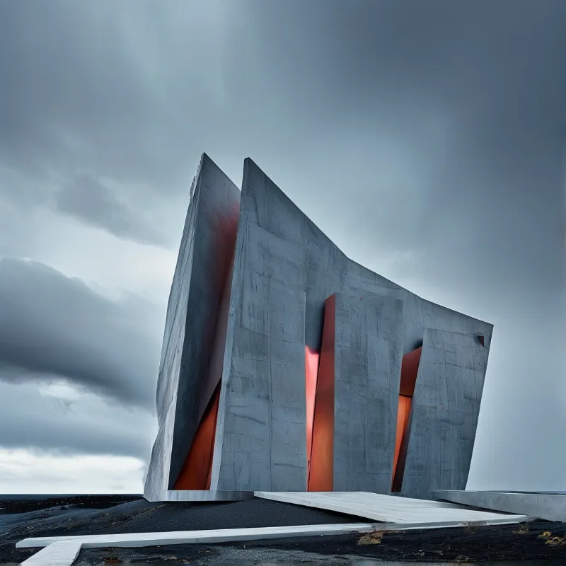An angular concrete building sits on dark ground while warm orange light shines through slits under an overcast sky.