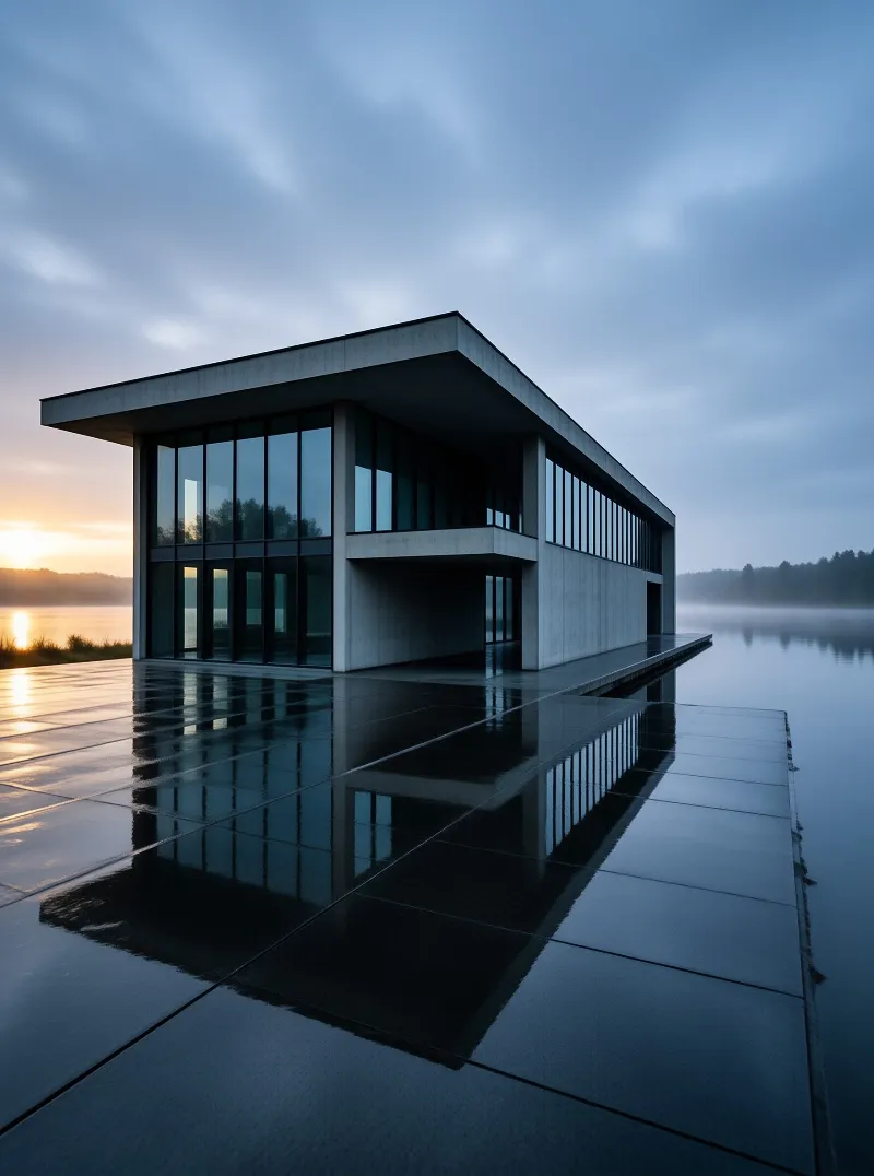 A modern building with glass walls stands on a wet platform beside a still lake reflecting the warm sunlight.