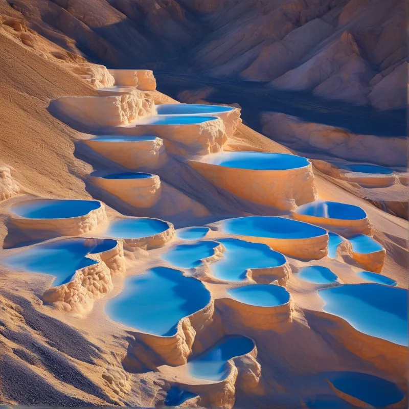 Vibrant blue water pools embedded in textured orange terrain illuminated by golden light.
