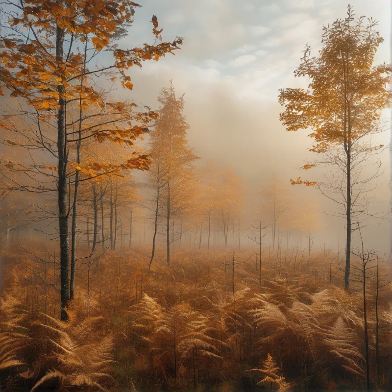 Several tall trees rise out of a foggy forest floor covered in golden brown fern fronds
