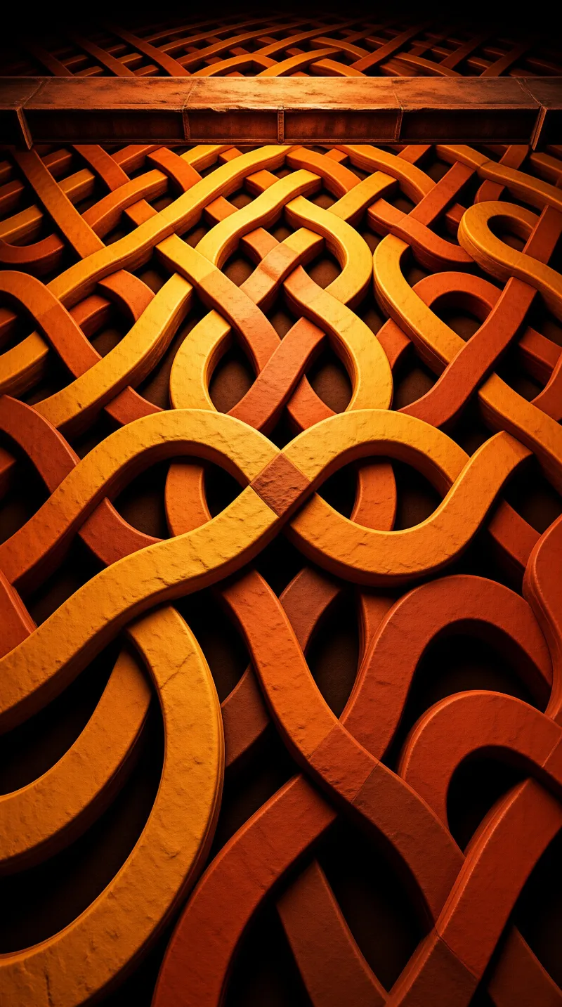 Woven bands of orange and ochre braid across a dark panel, lit from above like a carved wooden ornament.