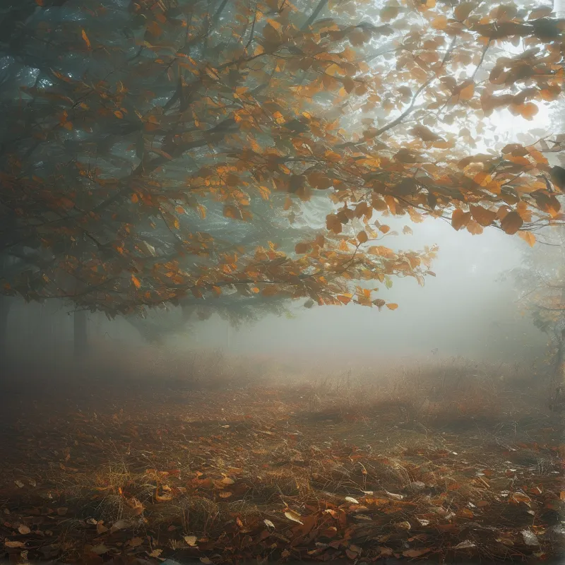 Low mist fills a forest clearing where copper beech leaves hang above a leaf strewn path.