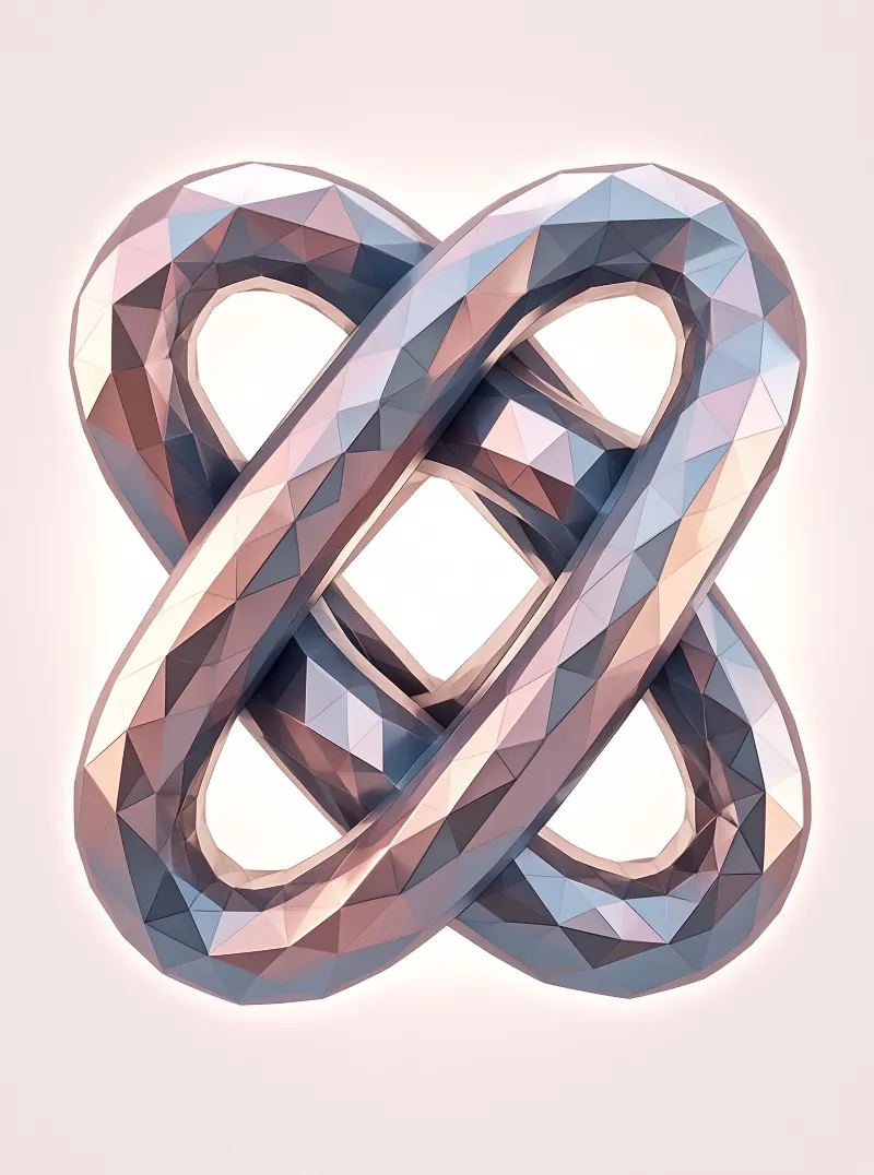 A three-dimensional faceted infinity symbol rendered in pastel pinks and blues floats against a smooth pale pink background.
