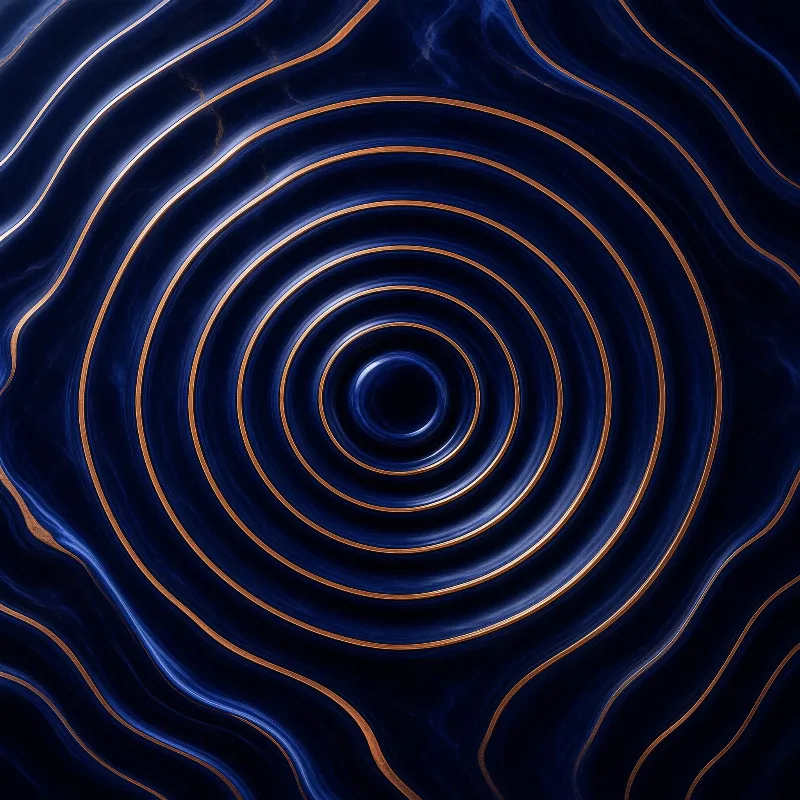 Concentric metallic copper rings sit set into smooth glossy dark blue swirling marbled surface with a subtle soft glow at the deep central core.