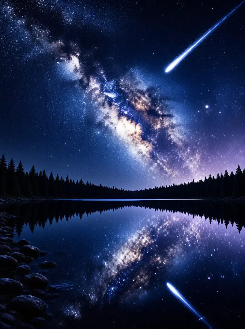 A meteor streaks the star-filled sky above black treeline silhouettes, the galaxy mirrored in glassy water.