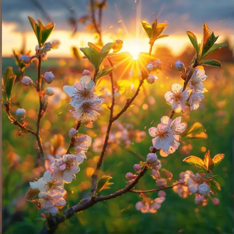 Floral branches covered in dewy petals stand in a field while the bright sun shines through them creating warm light.
