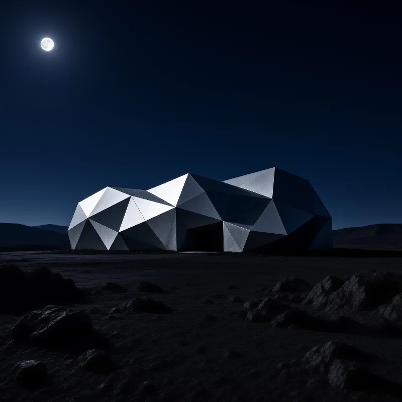 A low-poly metallic geodesic pavilion glows under moonlight on a dark rocky plain beneath a deep blue night sky