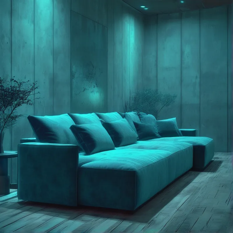 A long modular sofa with multiple cushions sits in a paneled concrete room lit with cool cyan ceiling lights