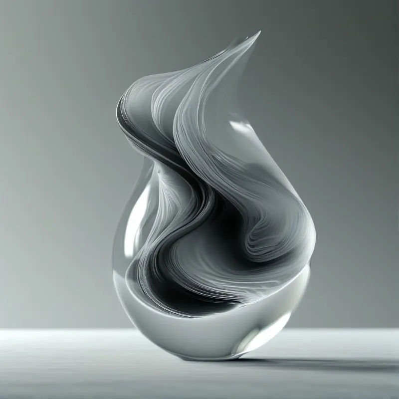 A smooth, abstract sculpture with twisted, layered forms and a dark center rests on a gray surface in soft light.