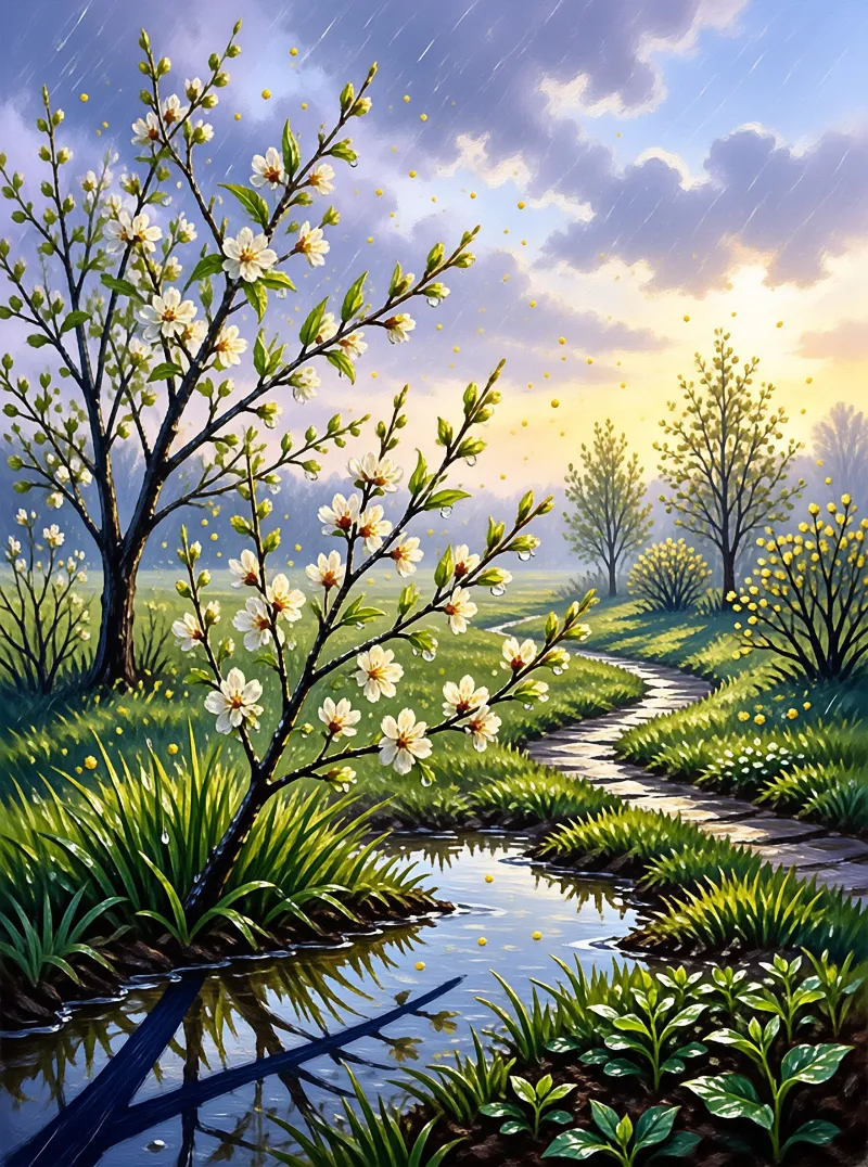 White blossoms hang over a stream near a winding stone path leading through a green field under a blue sky with floating pollen.