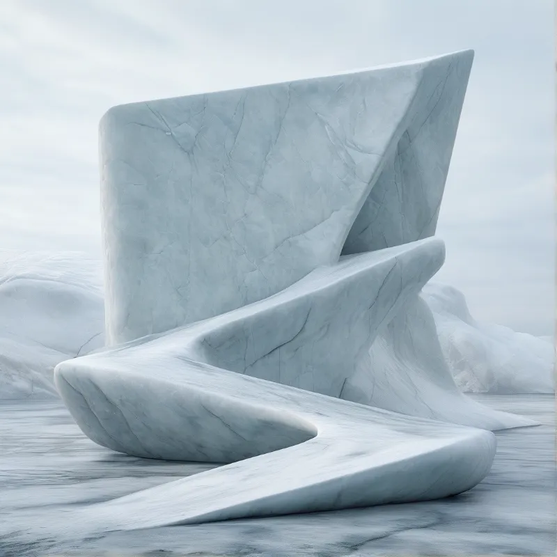 A large white sculptural chair sits in the foreground of a desolate white landscape with soft diffused lighting.