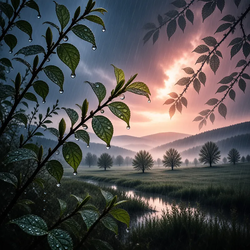 Close-up of wet leaves with rain drops overlooking a misty river valley under a pink and blue sunset sky.