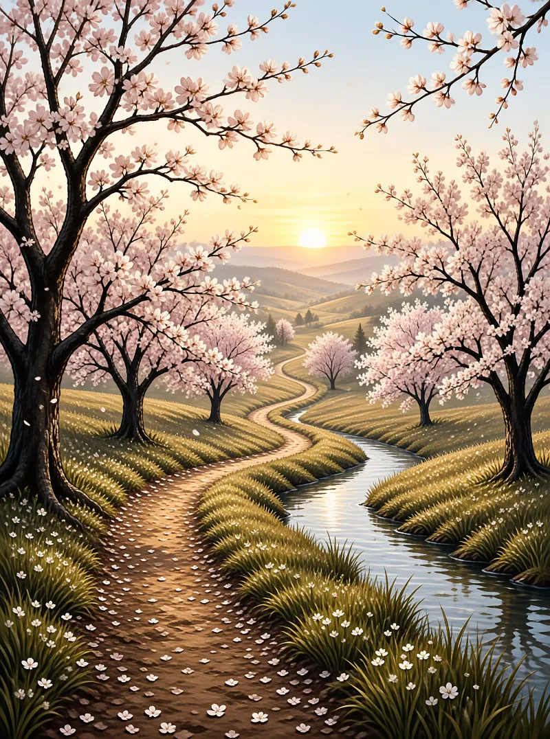 Pink cherry blossoms frame a winding path beside a calm stream reflecting the golden sunset over rolling green hills.