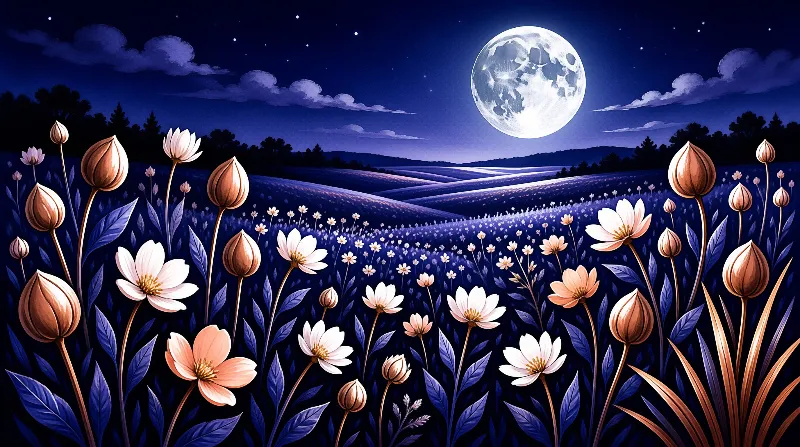 A field of white and peach blossoms with bronze buds sits in a blue rolling landscape beneath a large bright full moon.