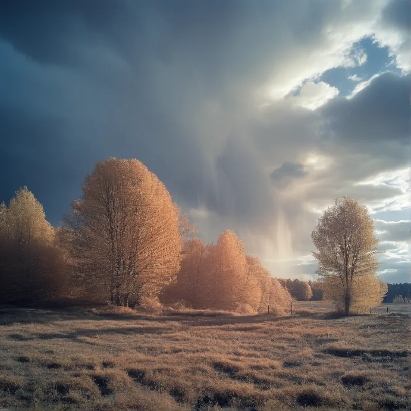 Tall trees with bright leaves stand on a dry grassy plain while rays of light break through heavy clouds.