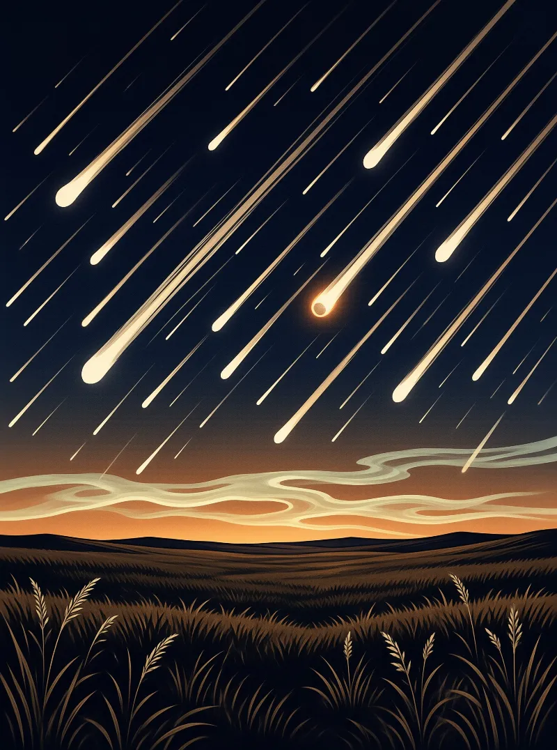 Numerous bright meteors streak diagonally across a dark night sky above silhouetted hills and tall grass.
