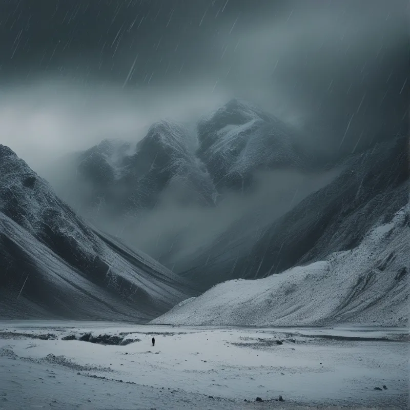 A tiny dark lone figure stands on snow covered valley floor of rain soaked foggy mountain ranges under dim overcast storm sky
