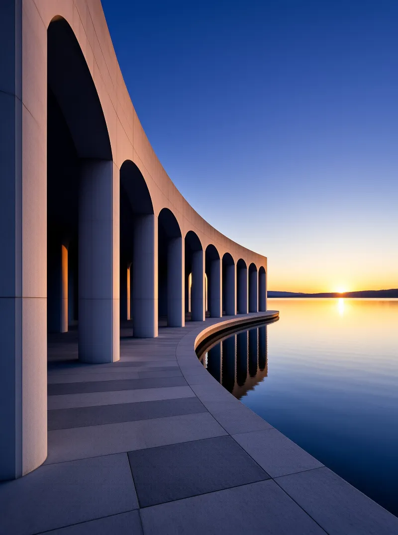 A curved stone arcade extends along a calm lake reflecting the orange glow of the setting sun.