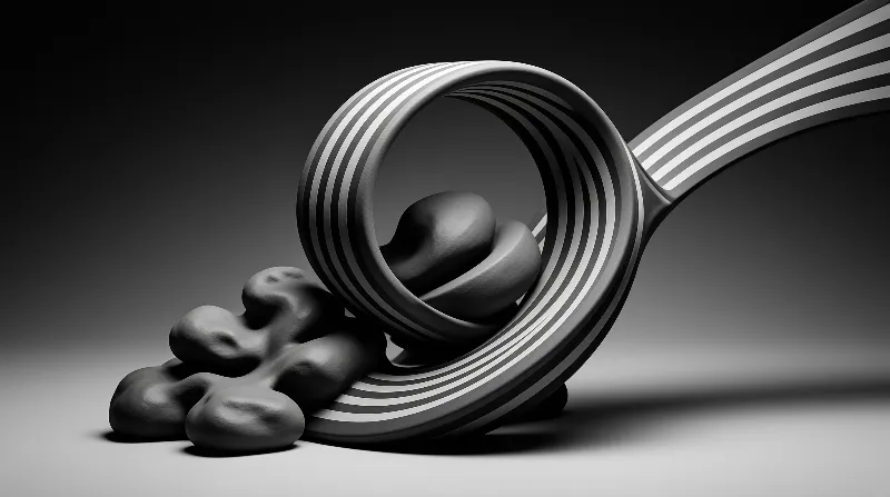 A striped tubular structure curves around smooth, irregular grey shapes in a monochromatic 3D render.