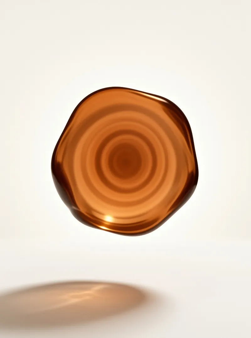 An amber glass disc with concentric ripple rings floats above a pale surface casting a warm glowing reflection below.