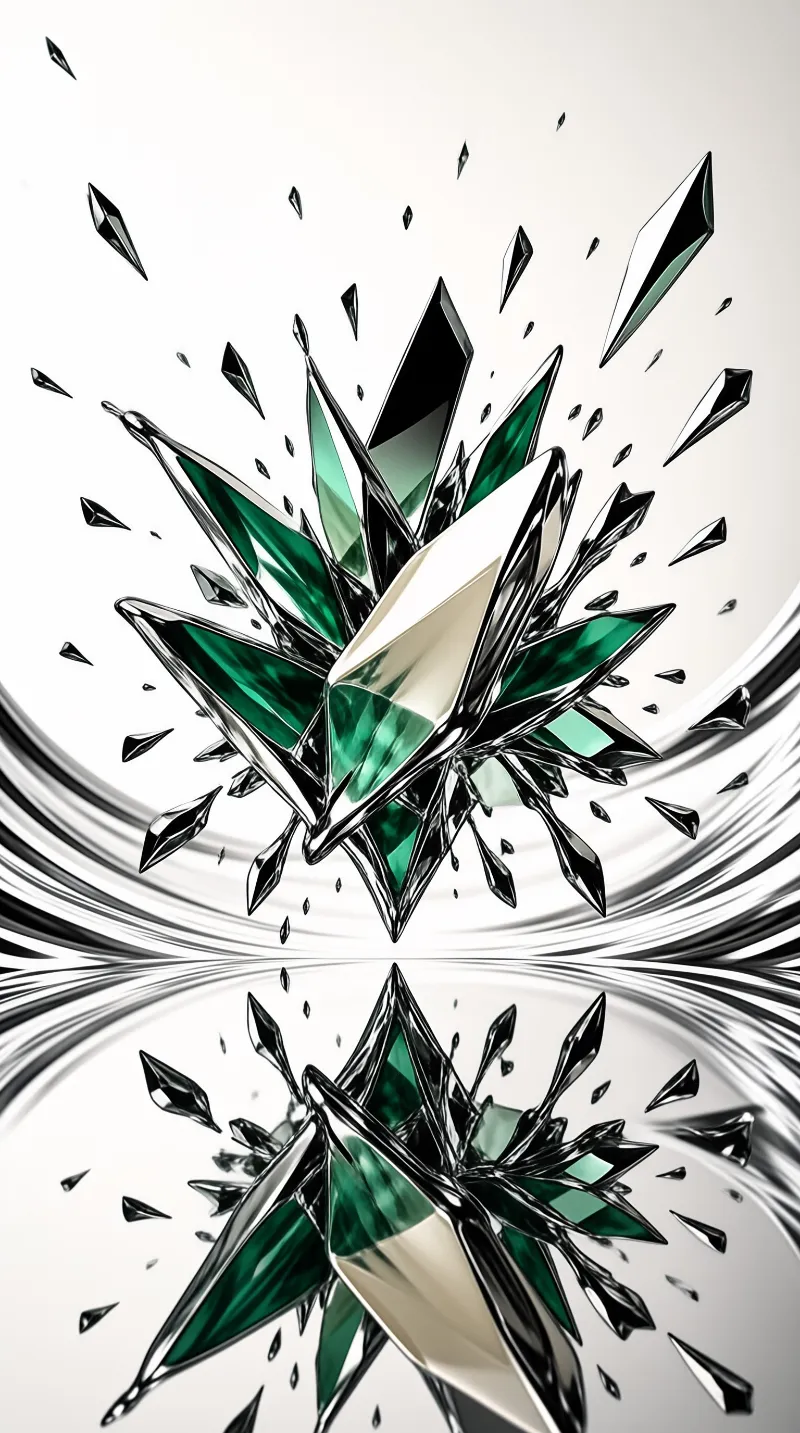 Sharp metallic shards and translucent green gemstones explode outward above a mirror surface that doubles the pattern