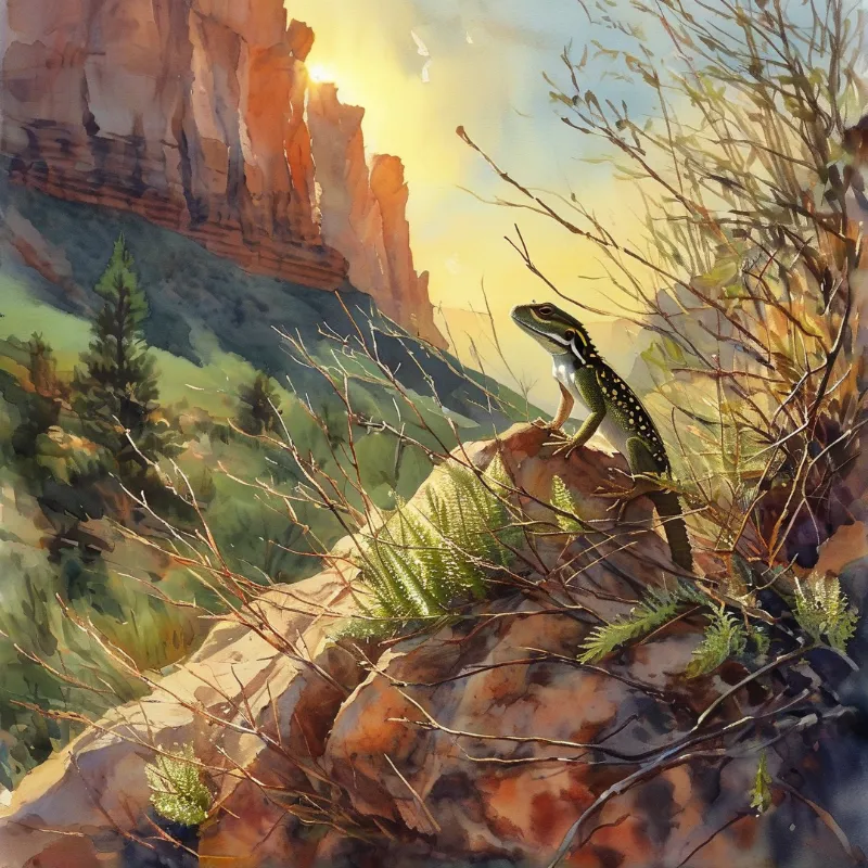 A spotted reptile rests on a textured stone ledge while warm light illuminates distant cliffs and ferns.