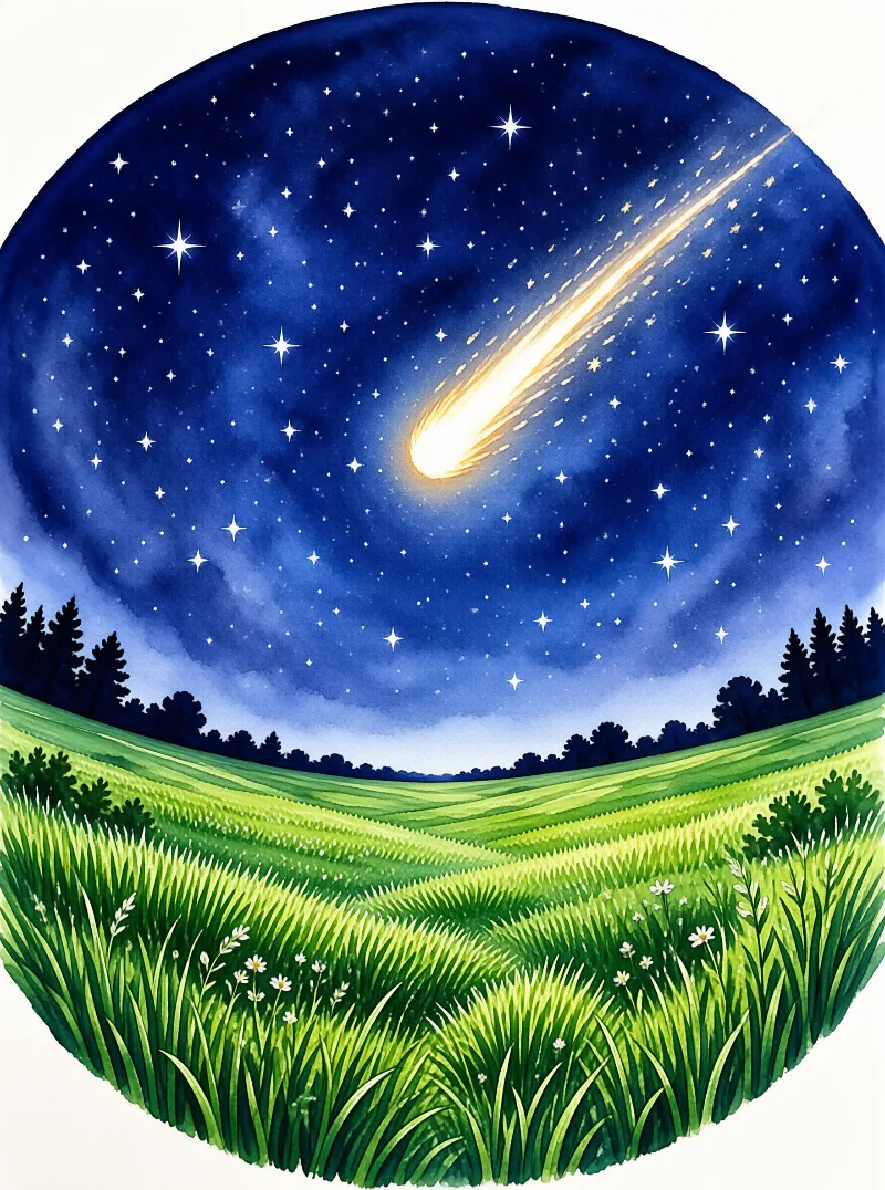 A bright golden meteor streaks through a deep blue night sky filled with stars above a lush green landscape.